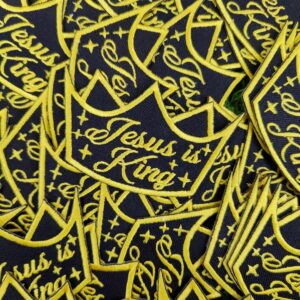 "Jesus Is King" Crown Patch – Black & Gold Embroidered Patch