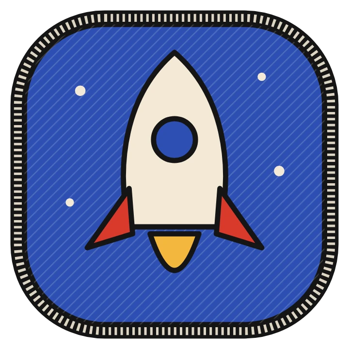 Rounded square embroidered patch with a rocket launching into space